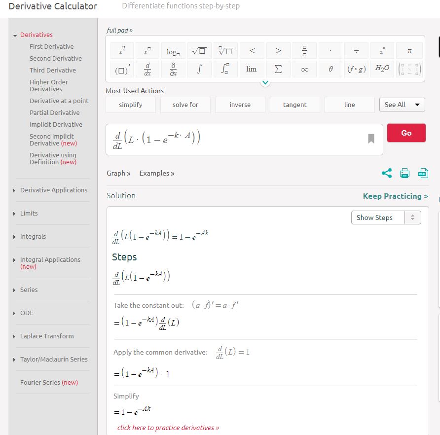 Screenshot of online derivative calculator.