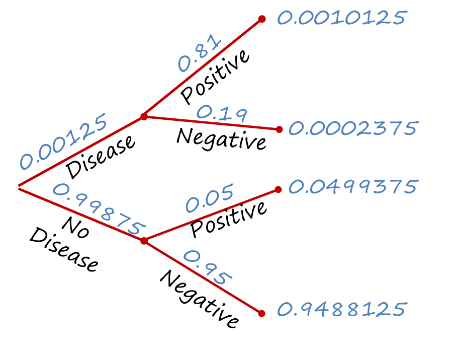Branching Tree diagram representing different potential events (down syndrom yes or no) and result of the test conditional on having or not having Downs syndrome. The probability of each branch is determined by multiplying the probabilities of the first event (down syndrom yes or no) by the conditional probabilities of the second event (testing positive given one has or does not have Downs syndrome).