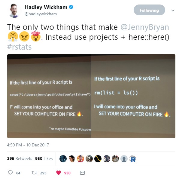 Picture of a tweet by Hadley Wickham highlighting that Jenny Bryan will get upset if she discovers someone not using projects or the here package or using rm(list=ls()).