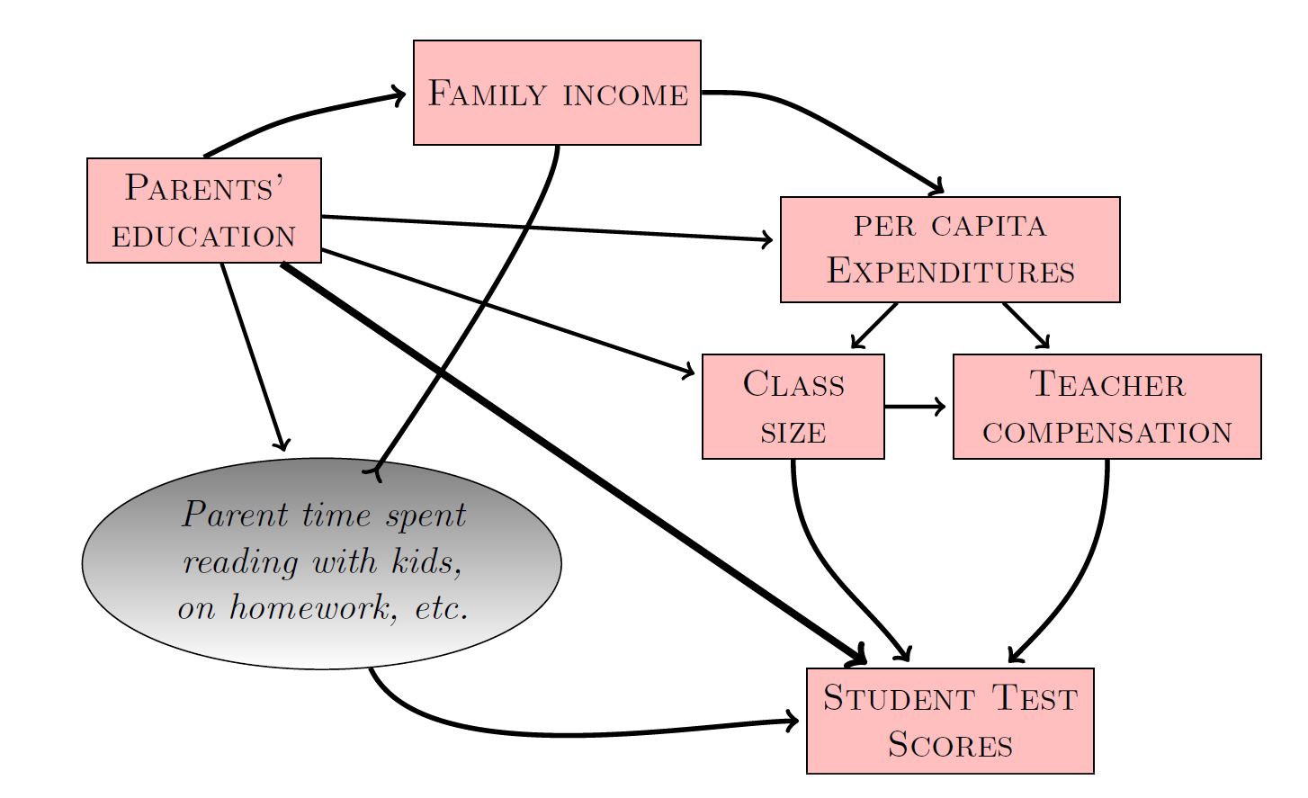Complicated causal diagram linking several variables to student test scores.  Expenditures influence both class size and teacher compensation, which both are linked to test scores.